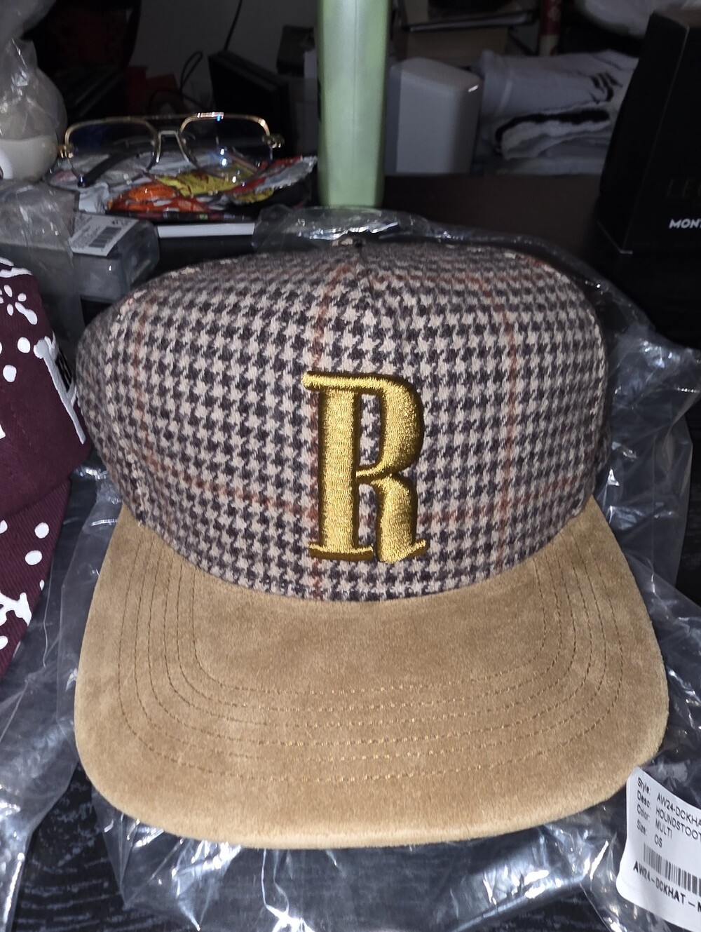Rhude-Embroidered 'R' Houndstooth Snapback Cap - Brown & Tan